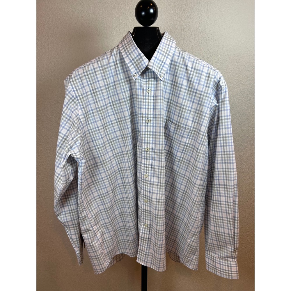 Forsyth of Canada Mens 2XL Non Iron Cotton Plaid Button Down Shirt Blue Grey